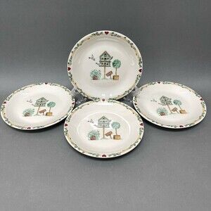 Thomson Pottery Salad Plates Birdhouse Birds Heart Vine Border 7 5/8" Lot of 4
